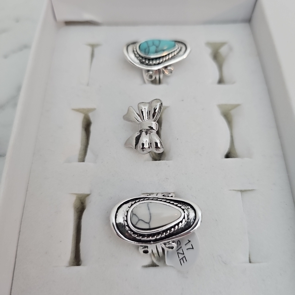 3pc Fashion Ring Set Silver Bow Blue Stone White Stone Country Girl Southwestern - Picture 5 of 8